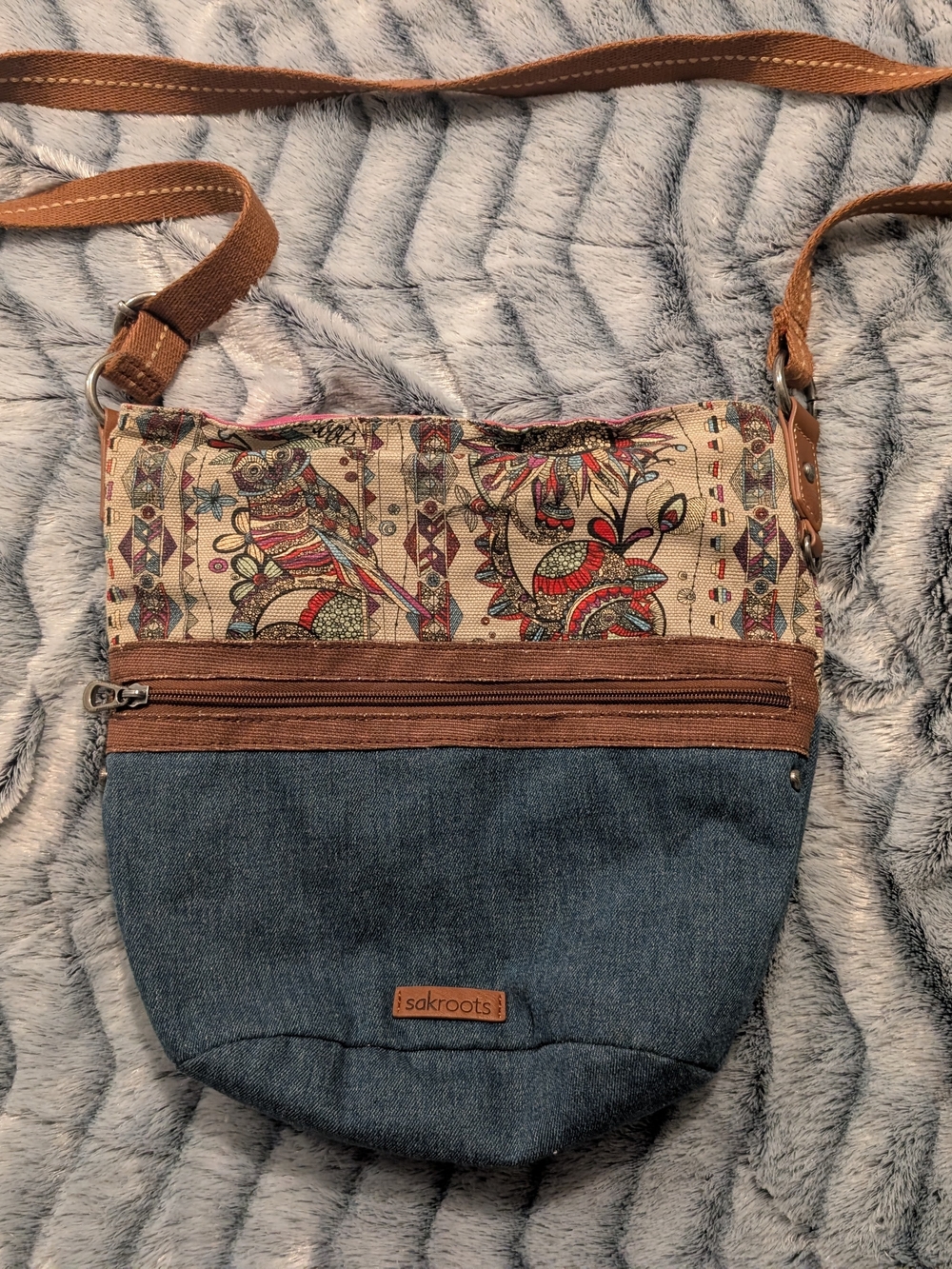 Sakroots Denim Blue & Tan Crossbody with Colorful Tribal Bird Print
